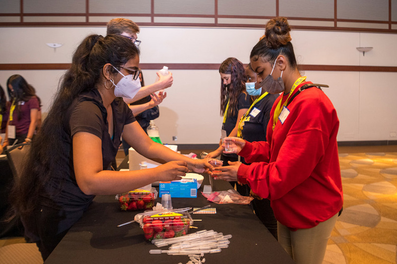 Doctoral student Neha Sindhu helps a middle school student use juice from fresh strawberries, combined with dish soap and a few other common products, to extract visible strands of DNA.