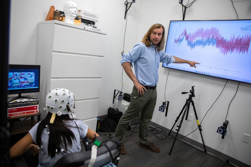 Evan Usler, assistant professor of Communication Sciences and Disorders, is working with CSCD assistant professor Ho Ming Cho, to use FMRI and electroencephalogram (EEG) to determine why stuttering in some children persists into adulthood. 