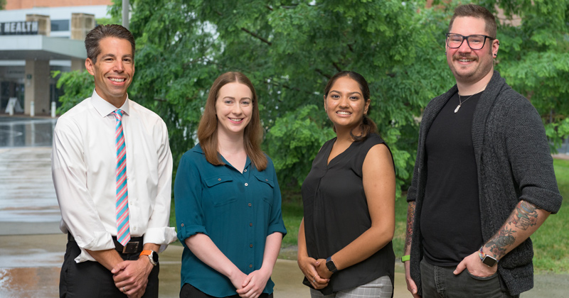 A recent collaboration of researchers at the University of Delaware and ChristianaCare revealed challenges to collecting data on transgender health, which has implications for healthcare equity. Researchers included (left to right): psychologist Scott Siegel of ChristianaCare; Madeline Brooks, formerly of ChristianaCare; University of Delaware senior Shivani Mehta and Alex Waad of ChristianaCare. A recent collaboration of researchers at the University of Delaware and ChristianaCare revealed challenges to collecting data on transgender health, which has implications for healthcare equity. Researchers included (left to right): psychologist Scott Siegel of ChristianaCare; Madeline Brooks, formerly of ChristianaCare; University of Delaware senior Shivani Mehta and Alex Waad of ChristianaCare.