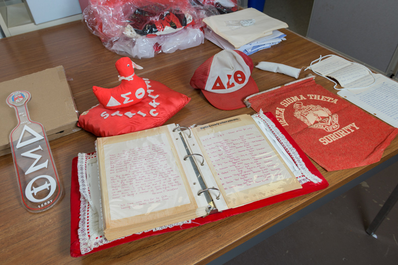 Alumnae of the Mu Pi chapter of Delta Sigma Theta, the first African American sorority at the University of Delaware, donate memorabilia — including newsletters, t-shirts, door knockers, paddles and more — to the University Archives. Alumnae of the Mu Pi chapter of Delta Sigma Theta, the first African American sorority at the University of Delaware, donate memorabilia — including newsletters, t-shirts, door knockers, paddles and more — to the University Archives.