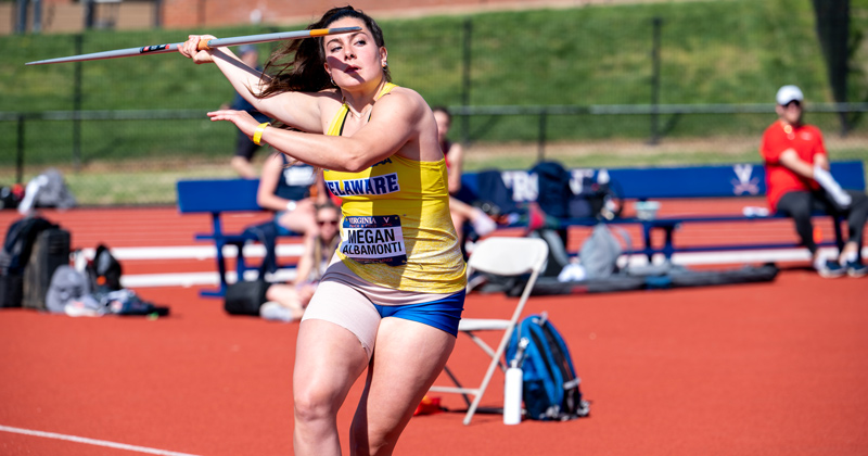 UD junior Megan Albamonti has won the Colonial Athletic Association javelin title two years in a row. UD junior Megan Albamonti has won the Colonial Athletic Association javelin title two years in a row.