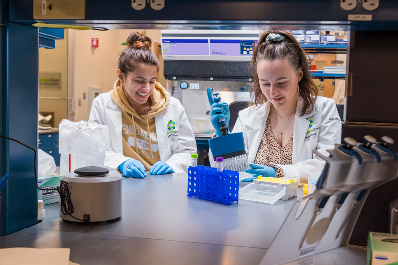 During her student internship at ChristianaCare’s Gene Editing Institute, located on the University of Delaware’s STAR Campus, Sophia Masciarelli (right) got to use CRISPR gene editing technology, which holds great promise in the treatment, cure and prevention of genetic diseases. She is shown with one of her mentors, staff scientist Salma Kaouser, who earned her bachelor’s degree in biotechnology and biological sciences from UD in 2020. During her student internship at ChristianaCare’s Gene Editing Institute, located on the University of Delaware’s STAR Campus, Sophia Masciarelli (right) got to use CRISPR gene editing technology, which holds great promise in the treatment, cure and prevention of genetic diseases. She is shown with one of her mentors, staff scientist Salma Kaouser, who earned her bachelor’s degree in biotechnology and biological sciences from UD in 2020.