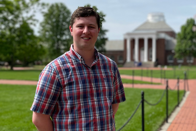 Recent alumnus Jacob Leinenbach, shown here on The Green near Gore Hall, worked as a student intern with the internal procurement team in Chemours’ Commerce Division in Wilmington this spring, helping to align efforts up and down the supply chain between Chemours and the company’s suppliers so that pressurized tanks in need of maintenance can be serviced quickly, then returned to active service.