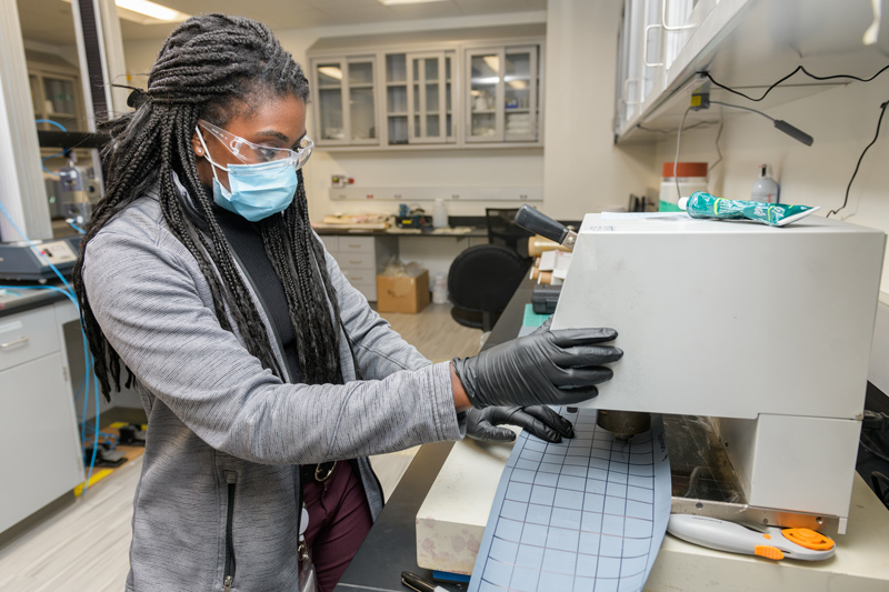Brittany Georges, who earned her bachelor’s degree in chemical and biomolecular engineering at UD in 2021, is exploring ways to reduce plastic use by repurposing Nafion™ fluoropolymer membranes to make manufacturing processes more sustainable as a Chemours research and development engineer.