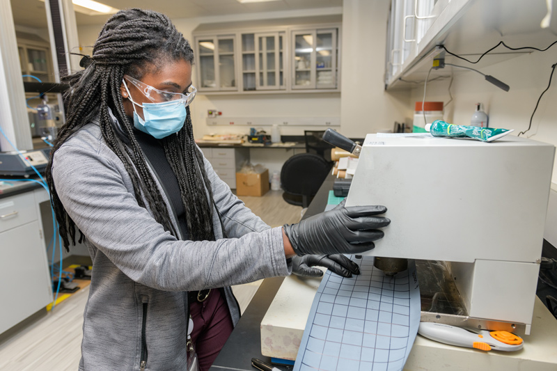 Brittany Georges, who earned her bachelor’s degree in chemical and biomolecular engineering at UD in 2021, is exploring ways to reduce plastic use by repurposing Nafion™ fluoropolymer membranes to make manufacturing processes more sustainable as a Chemours research and development engineer. Brittany Georges, who earned her bachelor’s degree in chemical and biomolecular engineering at UD in 2021, is exploring ways to reduce plastic use by repurposing Nafion™ fluoropolymer membranes to make manufacturing processes more sustainable as a Chemours research and development engineer.