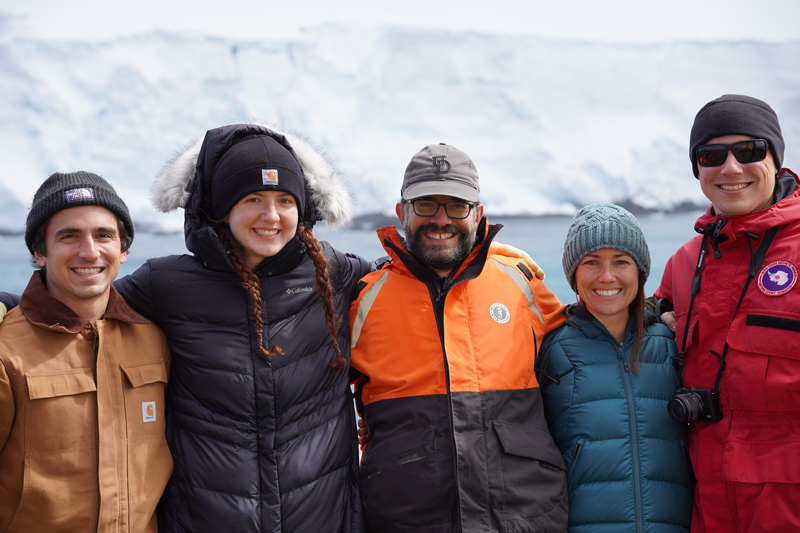 The University of Delaware was well represented on a National Science Foundation (NSF) Long-Term Ecological Research (LTER) cruise to Palmer Station in Antarctica in the fall and winter of 2021. Pictured from left to right are: Joe Gradone, who received his masters from UD in 2018, Rachel Davitt, a junior at UD, Carlos Moffat, assistant professor in the School of Marine Science and Policy, Megan Cimino, who received her doctorate in oceanography from UD in 2016, and Michael Cappola, a junior at UD. 