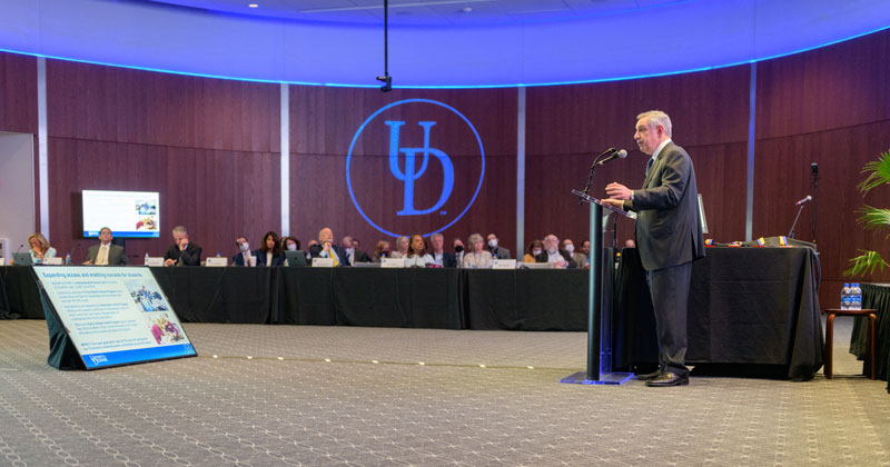 President Dennis Assanis speaks to the trustees