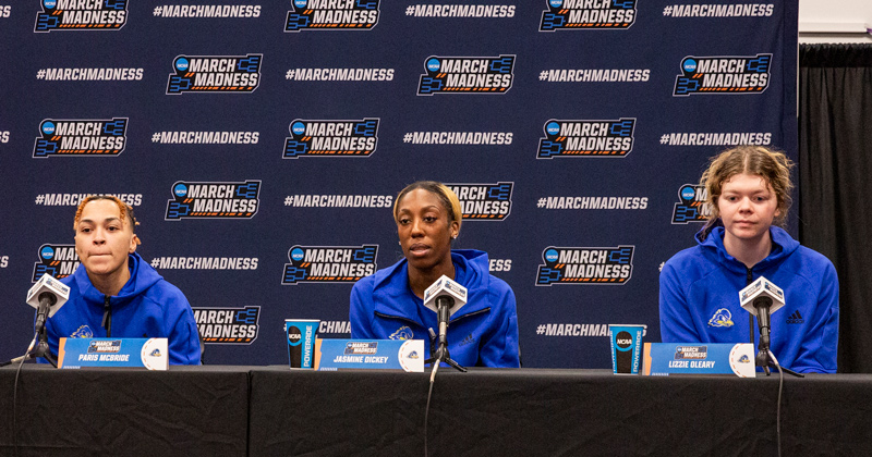 University of Delaware women’s basketball players, from left to right, Paris McBride, Jasmine Dickey and Lizzie O’Leary, speak at a news conference on Thursday, March 17, in College Park, Maryland, in advance of Friday’s NCAA Tournament first-round game against the University of Maryland.