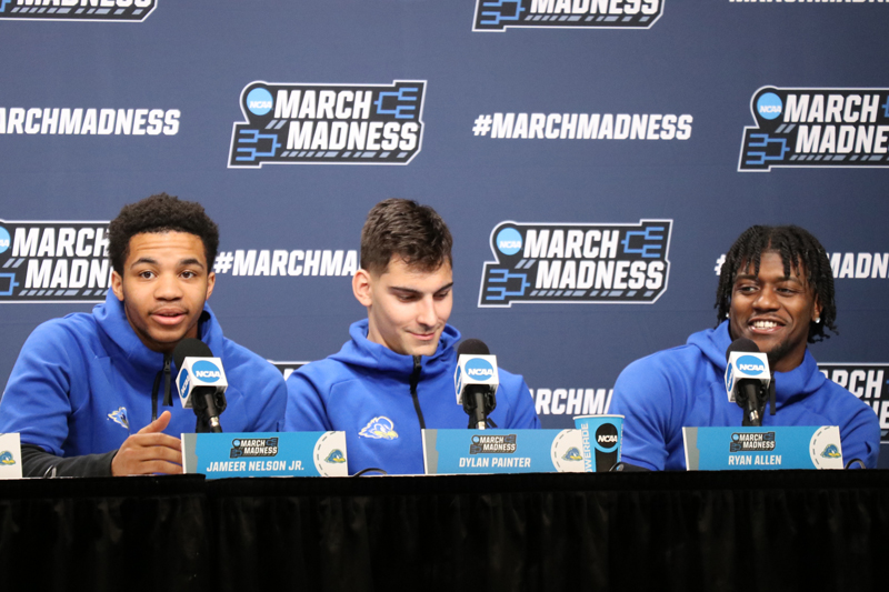 University of Delaware men’s basketball players, from left to right, Jameer Nelson, Jr., Dylan Painter and Ryan Allen, speak at a news conference on Thursday, March 17, in Pittsburgh in advance of Friday’s NCAA Tournament first-round game against Villanova.