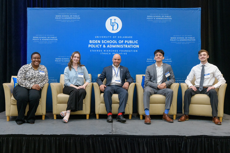 UD students Samiya Sherman, Sarah Cullen, Moses Martinez and Luke Halko, along with SNF Ithaca Manager Pablo Mconnie-Saad (center), participate as first SNF Ithaca student cohort at National Student Dialogue event.