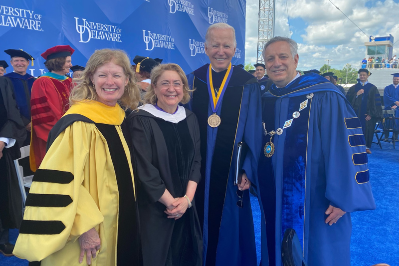 UD’S 2022 Commencement brought together, from left to right, Provost Robin Morgan, UD First Lady Eleni Assanis, President Joseph R. Biden Jr., and UD President Dennis Assanis.