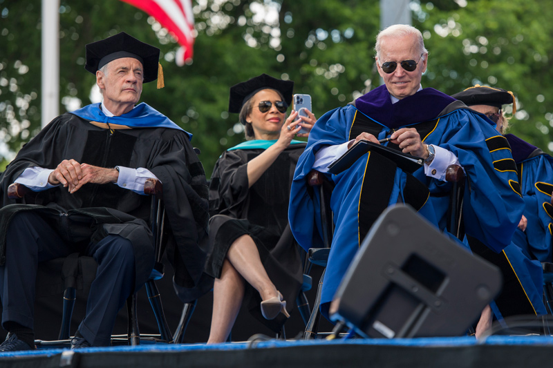 U.S. Senator Tom Carper, Congresswoman Lisa Blunt Rochester and President Joe Biden, all of whom are UD alumni, attend Commencement on Saturday, May 28.