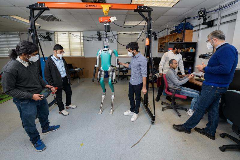 University of Delaware engineers will be working with this two-legged robot named Digit, as well as a specially designed treadmill system, to better understand and program the robot to handle changes in terrain.