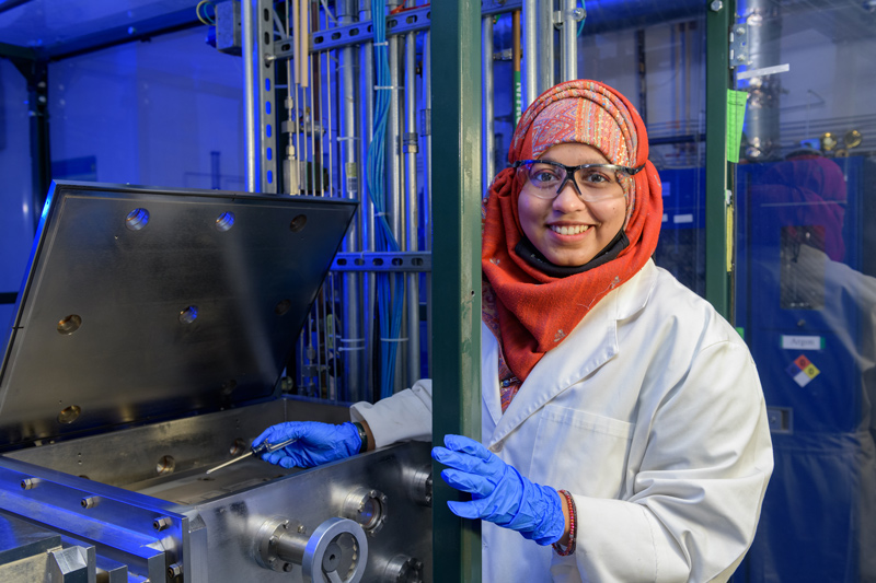 Tasnim Kamal Mouri, a doctoral student from Bangladesh, said the Institute of Energy Conversion has given her many opportunities to do experimental work. Here, she is working on a novel hydride gas reactor, used to treat and control solar cell materials.