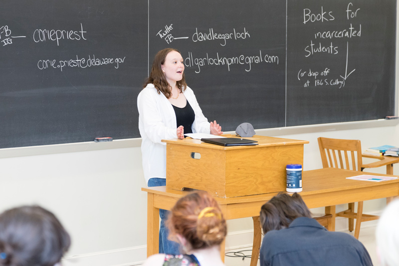 UD senior Maggie Buckridge works with Prof. Chrysanthi Leon’s research team, turning hours of interviews and focus group conversations into I-Poems that tell the stories of former inmates and their families.