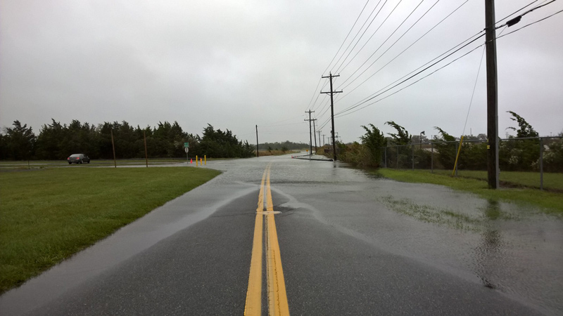 Flood waters cover a road in Lewes.