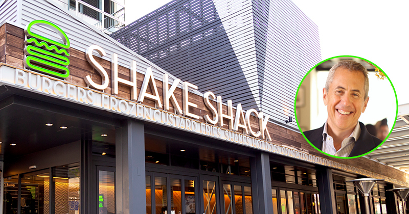 Photo of Danny Meyer and background image of Shake Shack, one of his many successful restaurants.