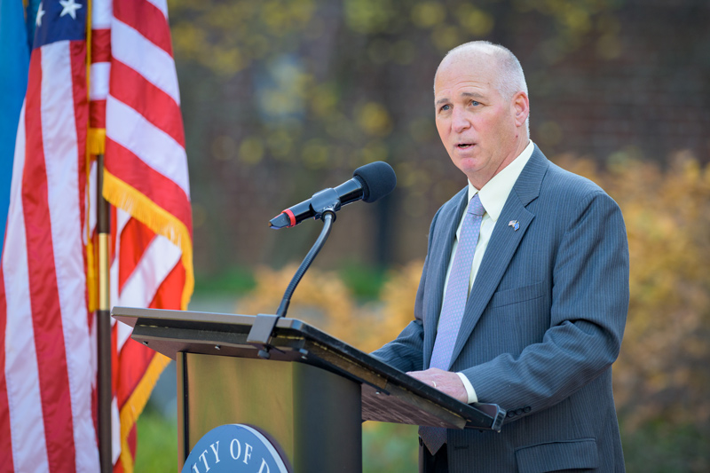 John Long, executive vice president and chief operating officer at UD and a veteran of the U.S. Air Force, gives a brief history of Veterans Day, which was first observed in 1919 in honor of the anniversary of the end of World War I.