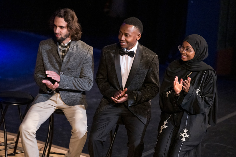 Narratio Fellows share their poetry with the audience and answer questions about their lives as refugees. From left to right: Justo Triana, a 2021 Poetry Fellow from Cuba; Abshir Habseme, a 2019 Poetry Fellow from Somalia; and Khadija Mohamed, a 2019 Poetry Fellow and 2021 Artist-in-Residence from Kenya.