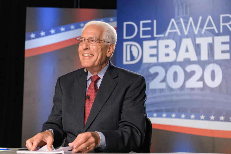 Ralph Begleiter, founding director of UD’s Center for Political Communication, moderated Delaware Debates 2020 from a UD campus studio. Ralph Begleiter, founding director of UD’s Center for Political Communication, moderated Delaware Debates 2020 from a UD campus studio.