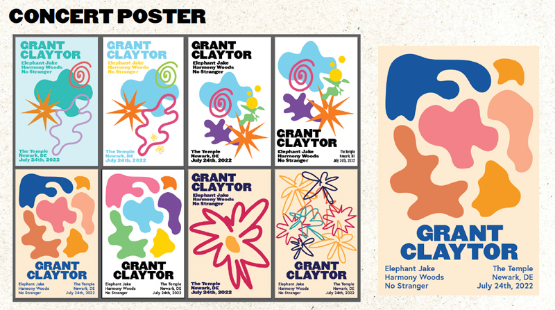 One concert poster can be envisioned in multiple ways, as evidenced by this compilation of design ideas by Moira Gervay. The final selection is often the result of discussion and collaboration between designer and artist. One concert poster can be envisioned in multiple ways, as evidenced by this compilation of design ideas by Moira Gervay. The final selection is often the result of discussion and collaboration between designer and artist.