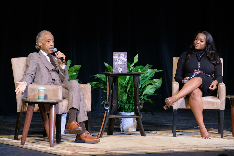 Ngozi Ikpeama (right), secretary of CPAB and member of the lecture committee, moderates a Q&A with Al Sharpton following the lecture.