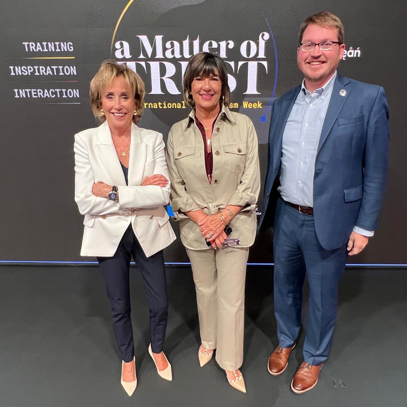 Biden Institute Chair Valerie Biden Owens, CNN Chief International Anchor Christiane Amanpour and Stavros Niarchos Foundation (SNF) Chair of Civil Discourse Timothy J. Shaffer gathered at the MedD International Journalism Week in Athens, Greece.