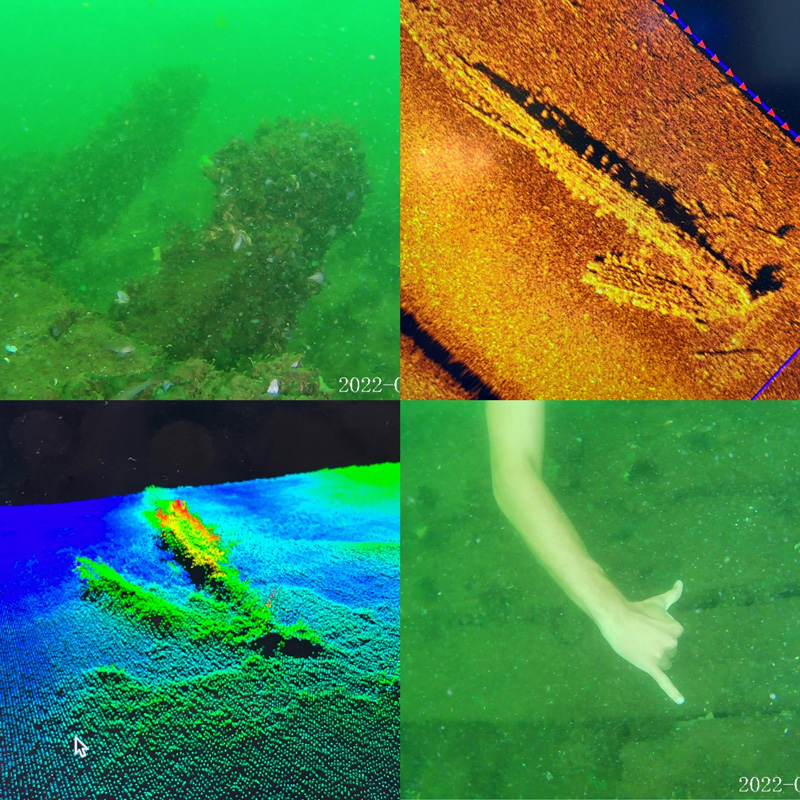 Wreck site investigation images used to confirm the target as a shipwreck and conveyed to the New York State Historical Preservation Office for archival purposes and historical preservation. ROV footage showing exposed lower timbers possibly ribs of the ship (upper left); High-frequency 900 kHz side-scan sonar mosaic of the largest portion of the wreckage; free diver with hand for scale-illustrating planks across the floor of the wreckage; color points from the multibeam sonar illustrating the shape of the wreckage (warm colors are higher above the lakebed cool colors are deeper portions surrounding the wreck).