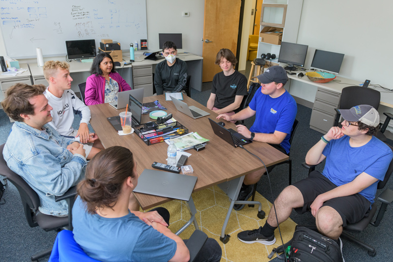 Sunita Chandrasekaran and her research group have been working on coding and testing that will help validate tools for the world’s newest, biggest, fastest supercomputer called Frontier. Pictured are doctoral students Fabian Mora and Mauricio Ferrato, Christian Munley, undergraduate student in physics; Jaydon Reap and Michael Carr, undergraduate students in computer and information sciences; Nolan Baker, undergraduate student in computer engineering; and Thomas Huber, who recently graduated with his master’s degree in computer science. Sunita Chandrasekaran and her research group have been working on coding and testing that will help validate tools for the world’s newest, biggest, fastest supercomputer called Frontier. Pictured are doctoral students Fabian Mora and Mauricio Ferrato, Christian Munley, undergraduate student in physics; Jaydon Reap and Michael Carr, undergraduate students in computer and information sciences; Nolan Baker, undergraduate student in computer engineering; and Thomas Huber, who recently graduated with his master’s degree in computer science.