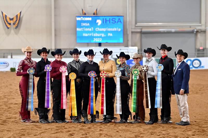 Western rider and UD student Paige Pierson (fifth from right) placed fourth in her class at the Intercollegiate Horse Show Association National Championship. 