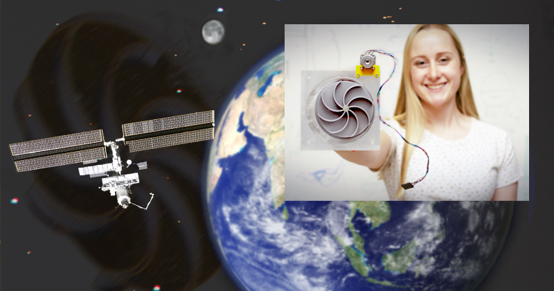 Valerie Moore, a senior studying mechanical engineering, holds up the first prototype of her research team’s zero-gravity turbulent flow facility, which has been selected as one of a handful of projects to make a journey into space on the International Space Station. Valerie Moore, a senior studying mechanical engineering, holds up the first prototype of her research team’s zero-gravity turbulent flow facility, which has been selected as one of a handful of projects to make a journey into space on the International Space Station.