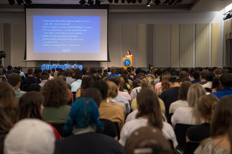 Monica Coleman, UD professor of Africana Studies, offers non-academic tips for academic success to nearly 600 students at the New Graduate Student Orientation.