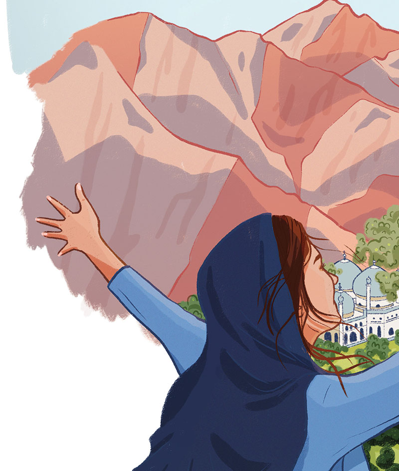 Illustration of a woman looking out at an Afghan city