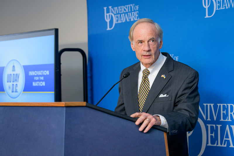 U.S. Senator Tom Carper of Delaware, chair of the Senate Environment Committee, met with UD researchers just a few hours after voting for ratification of an important environmental treaty essential to progress in addressing climate change. U.S. Senator Tom Carper of Delaware, chair of the Senate Environment Committee, met with UD researchers just a few hours after voting for ratification of an important environmental treaty essential to progress in addressing climate change.