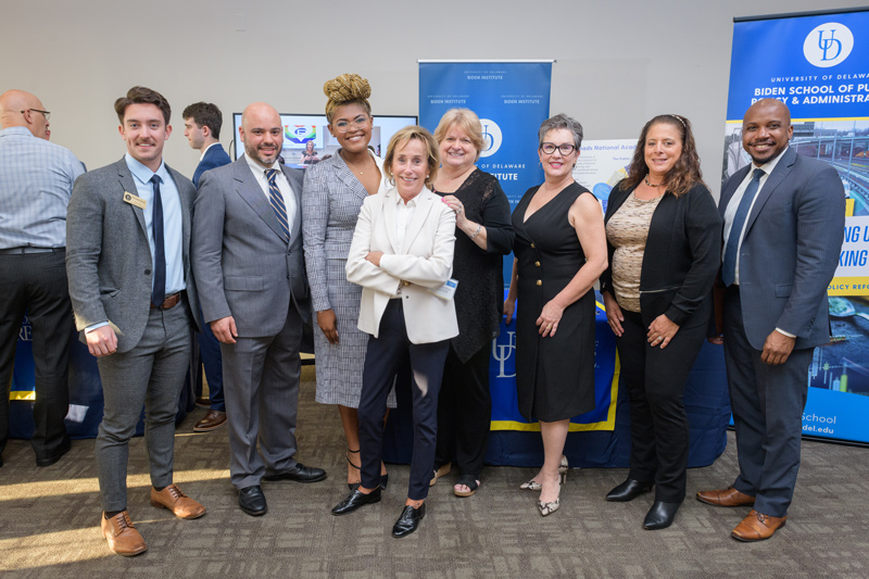 Valerie Biden Owens, chair of the Biden Institute, shares a group photo at UD Day in D.C. with Nicholas Stanek, Pablo McConnie-Saad, Chelsia Douglas, Cathy McLaughlin, Tracey Bauernschmidt, Rita Burrows and Naeem Jenkins-Nixon.