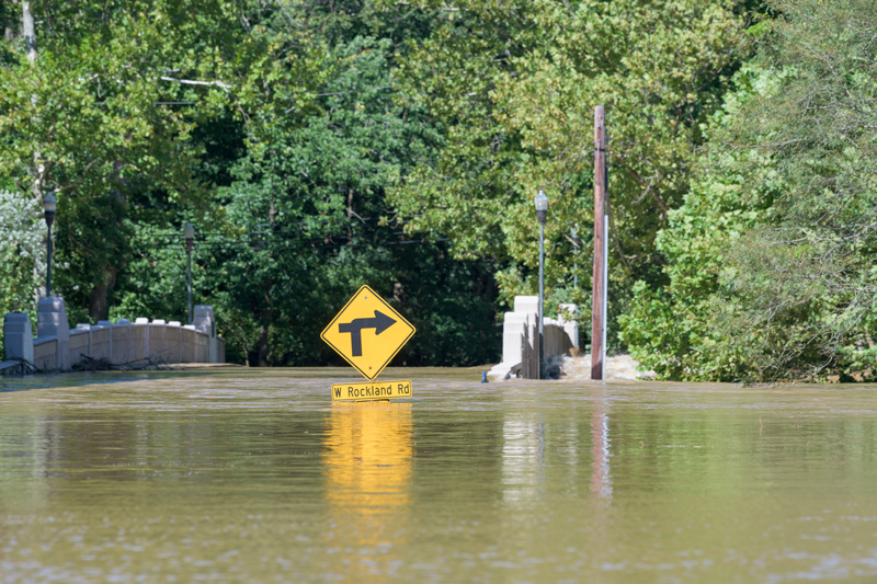 Brandywine Creek flooding. Extreme weather events, such as torrential rain storms, are a consequence of climate change that can lead to flooding in urbanized areas.