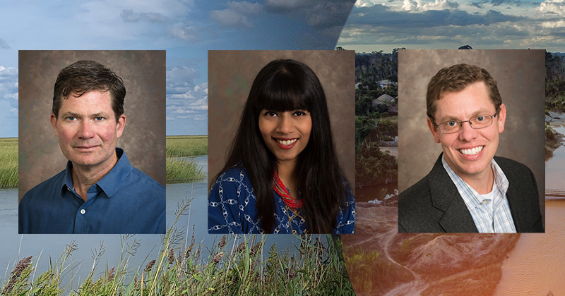 The Delaware Environmental Institute (DENIN) has selected three UD professors — from left to right, Kent Messer, Nina David and Jon Cox — to be 2023-25 Faculty Fellows.