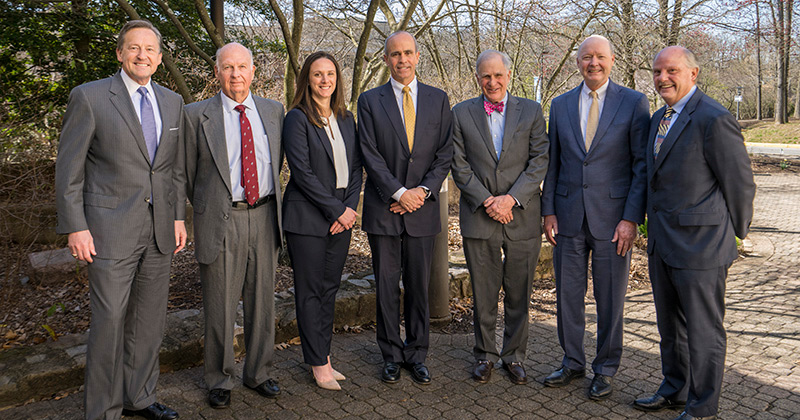 The Weinberg Center for Corporate Governance’s Distinguished Speaker event brought in current and former chief justices of Delaware’s Supreme Court. From left are Andre Bouchard, former chancellor of Delaware Court of Chancery, who introduced the judges; former Chief Justice Myron T. Steele; Corinne Amato and William Lafferty, moderators; Justin Klein, director of the Weinberg Center; Chief Justice Collins J. Seitz Jr.; and former Chief Justice Leo E. Strine. 