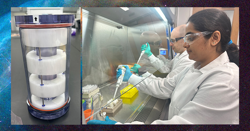 On the left is the Rhodium flight hardware, while on the right Richa Guleria and Mike Spagnuolo work in the lab. 