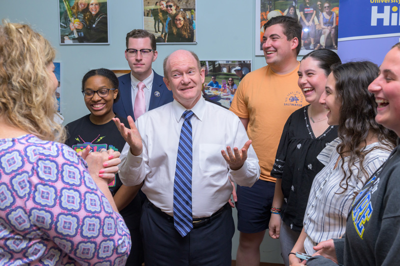 U.S. Senator Chris Coons discusses the rise of antisemitism in America and U.S. relations with Israel with students at the Hillel Kristol Center for Jewish Life.