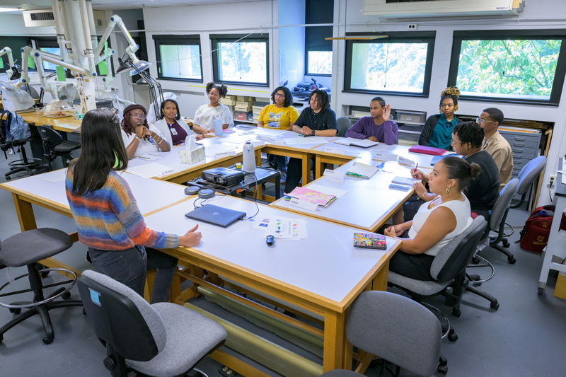 Nina Owczarek speaking to participants in the Introduction to Practical Conservation summer program. Participants come from HBCUs across the country. Owczarek discusses objects conservation, one of the lecture sessions students attend before beginning their internships. Around the table from left: Shamica A. Terry, Dominique V. Goden, Starr A. Smith, Sinclair Strong, Dorian Henry, Darius Scott, April Lacey, Robert Killins III, Gabrielle Hlliard and Joyce G. Vázquez Villanueva. 