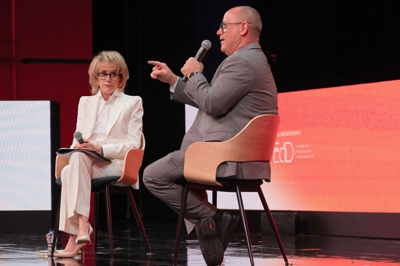 Valerie Biden Owens, chair of the Biden Institute at the Biden School of Public Policy and Administration interviews Fred Guttenberg, founder of Orange Ribbons for Jaime, at the SNF Nostos Conference in Athens, Greece. Valerie Biden Owens, chair of the Biden Institute at the Biden School of Public Policy and Administration interviews Fred Guttenberg, founder of Orange Ribbons for Jaime, at the SNF Nostos Conference in Athens, Greece.