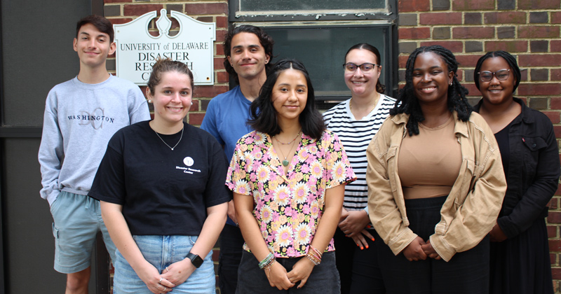 The Coastal Hazards, Equity, Economic prosperity and Resilience (CHEER) hub’s inaugural summer scholars are, from left to right, Brendan Calv of Millersville University, Eva Pumo of the University of Delaware, Emilio Mendoza of Beloit College, Guadalupe Guevara of the University of Delaware, Annika Doneghy of Case Western Reserve University, Nyla Howell of University of Maryland, Baltimore County and TyKeara Mims of Texas A&M University.