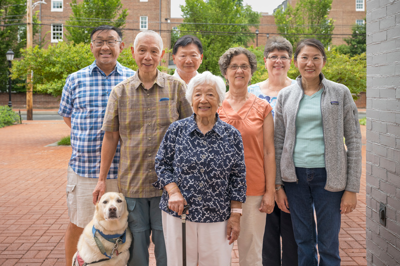 Hong’s campus visit was spurred by a family reunion. She is pictured here with (from left to right): son, Chris Hong; nephew Raymond Chin; nephew Gordon Chin; niece-in-law, Mary Chin; and daughters-in-law Annette Hong and Angel Hong. 