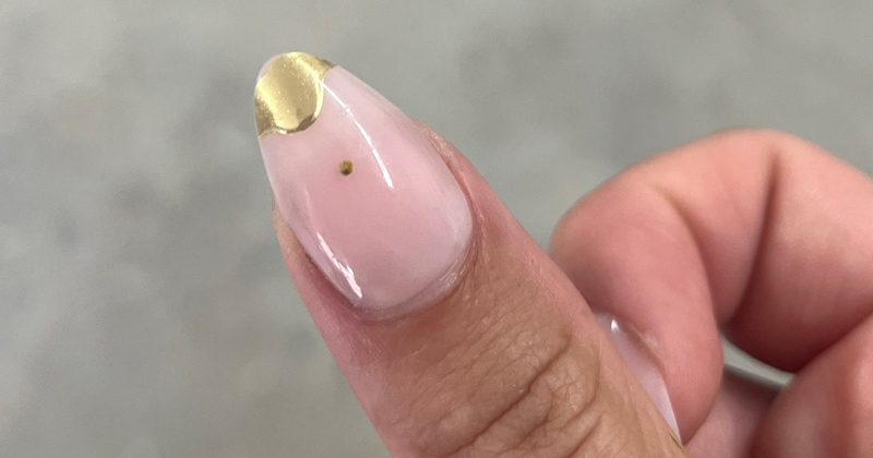 A baby oyster sits on Alyssa Campbell’s fingernail. It is about 1 millimeter long and was set on microcultch, meaning the "seed." 