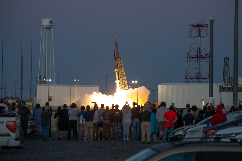 A sounding rocket launches from NASA’s Wallops Island Facility in Virginia in June 2022. University of Delaware students working with UD physicist Bennett Maruca were there and hope to launch another payload from Wallops Tuesday morning, Aug. 15.