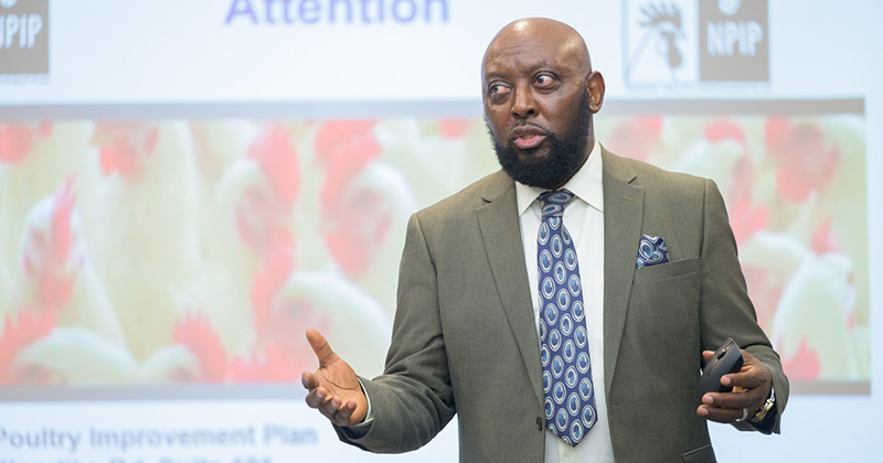 Fidelis Hegngi, senior staff veterinarian for avian health with the USDA’s Aquaculture, Swine, Equine and Poultry Health Center, presented the U.S. National Poultry Improvement Plan. Fidelis Hegngi, senior staff veterinarian for avian health with the USDA’s Aquaculture, Swine, Equine and Poultry Health Center, presented the U.S. National Poultry Improvement Plan.