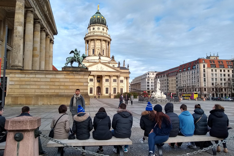 To expose Blue Hens to problems — and solutions — beyond the United States, UD Professor Stephanie Raible teaches International Social Entrepreneurship EcosystemsGroup. In this photo, she and her students attend a Refugee Voices Tour in Berlin.