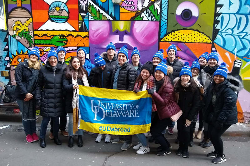 By exposing students to organizations that are “making an impact locally and globally,” Raible (pictured far left) hopes to inspire her social entrepreneurship students. This photo was from a trip to Berlin.