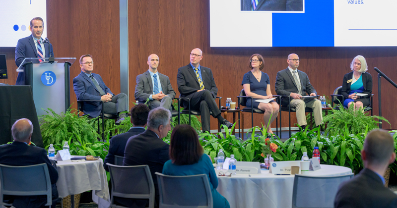 Matthew Kinservik, UD vice provost for faculty affairs, discusses the implications of AI in education and introduces representatives from the AI for Teaching and Learning Working Group at the Fall 2023 UD Board of Trustees retreat.